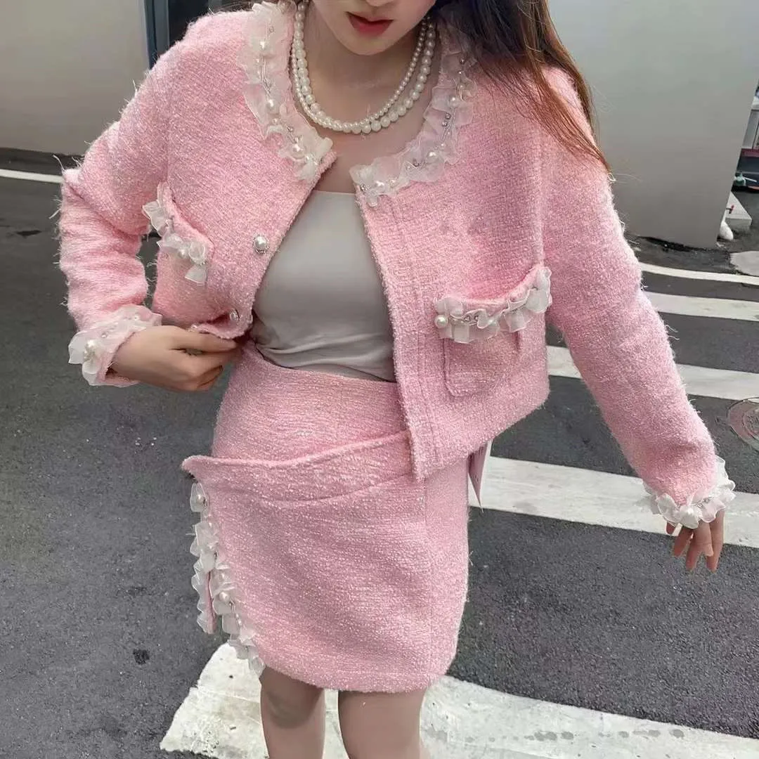 

Designer Winter Dress Sets for Women Elegant Tweed Woolen Jacket and Skirt Suit Two Piece Outfits Party Work Designer Autumn