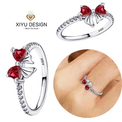 Elegant 925 Silver Zircon Bow Ring - Shimmering Fine Jewelry Gift - 8 (Red)