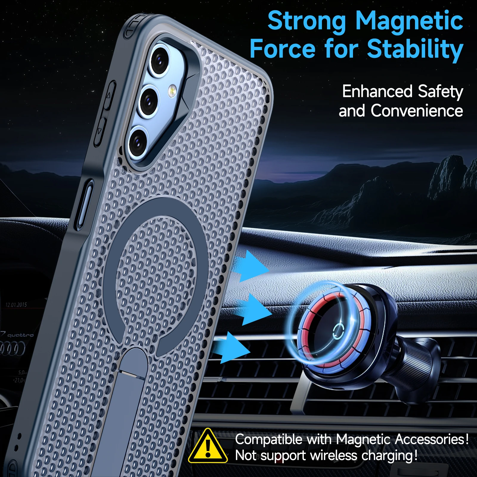 Magnetic Heat Dissipation Shockproof Case with Air-Cushion Mesh Back and Magsafe Stand