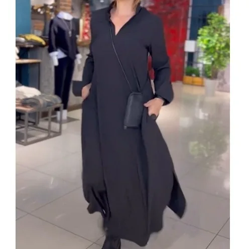 

2024 Spring Women Long Dress Black V-neck Long Sleeve Pocket Elegant Dresses Female Summer New Fashion Casual Loose Clothes