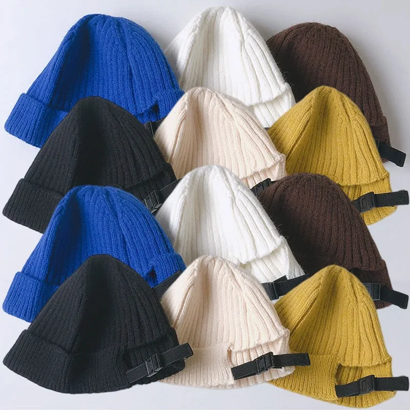 

Bonnets for Women Men Autumn Winter Warm Knit Hats Rolled Edge Beanies Solid Acrylic Adjustable Elastic Buckle Skullies Caps