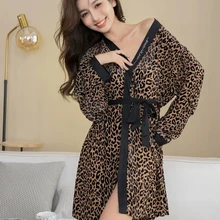 QWEEK Velvet Robe Leopard Print Kimono Autumn Nightwear Sexy Night Dress Zebra Sleepwear for Sleeping Bathrobe Female Peignoirs
