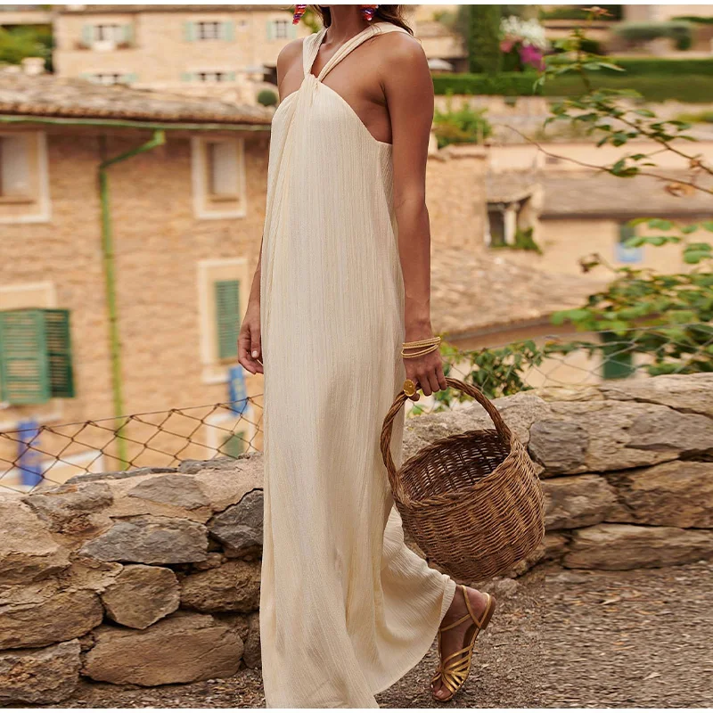 Elegant Solid Halter Women Long Dress Sleeveless Backless Female Maxi Dress Spring Summer New Fashion Lady High Street Robe