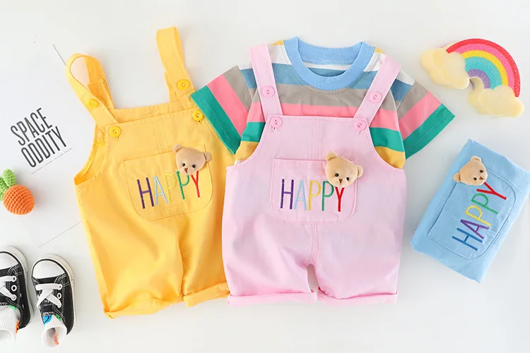 vintage Baby Clothing Set Summer children's suit new cartoon rainbow short sleeved top strap shorts suit Baby Girls and Boys bear letter printing suit baby's complete set of clothing