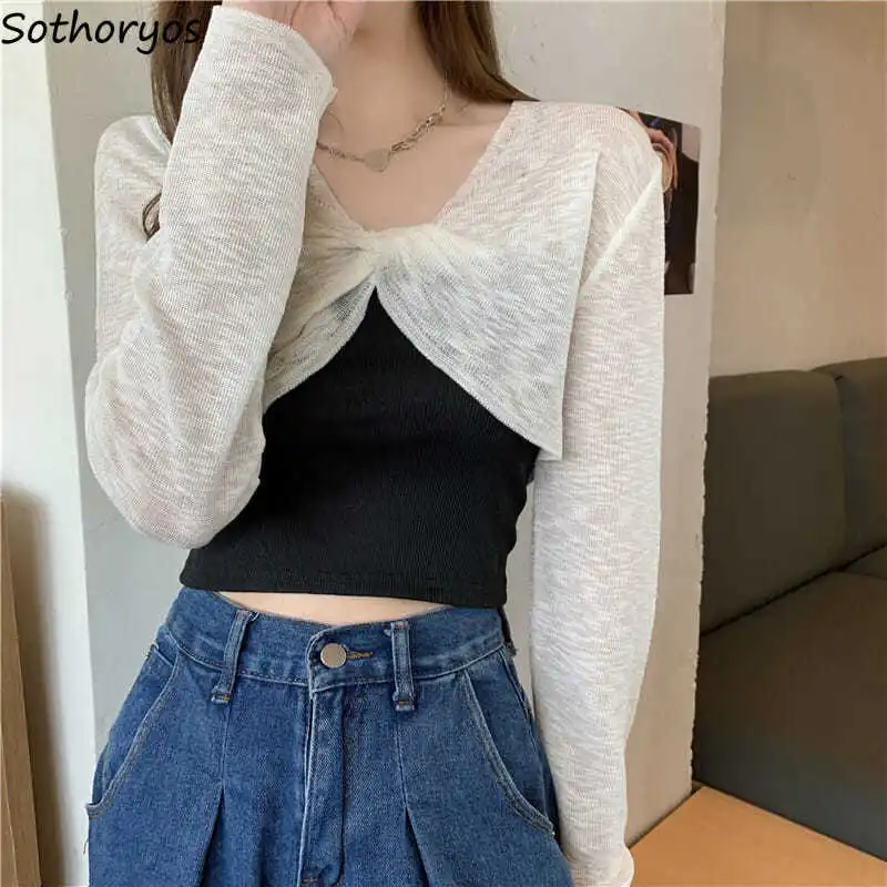 

Cropped Pullovers Women Summer Outwear Sunproof Knitted Tops New Slim V-neck Fashion Solid Tender All-match Designed Slouchy