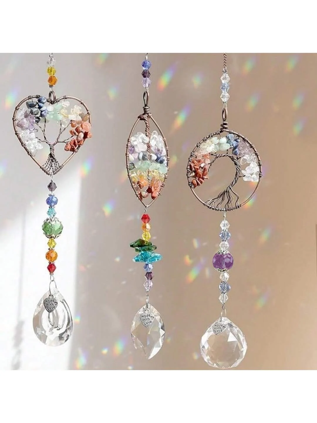 Acchiappasole in cristallo, set da 2 pezzi, albero della vita, con ciondolo a forma di sfera di cristallo, decorazione per finestra, arcobaleno, con cristalli, acchiappasole, scacciapensili