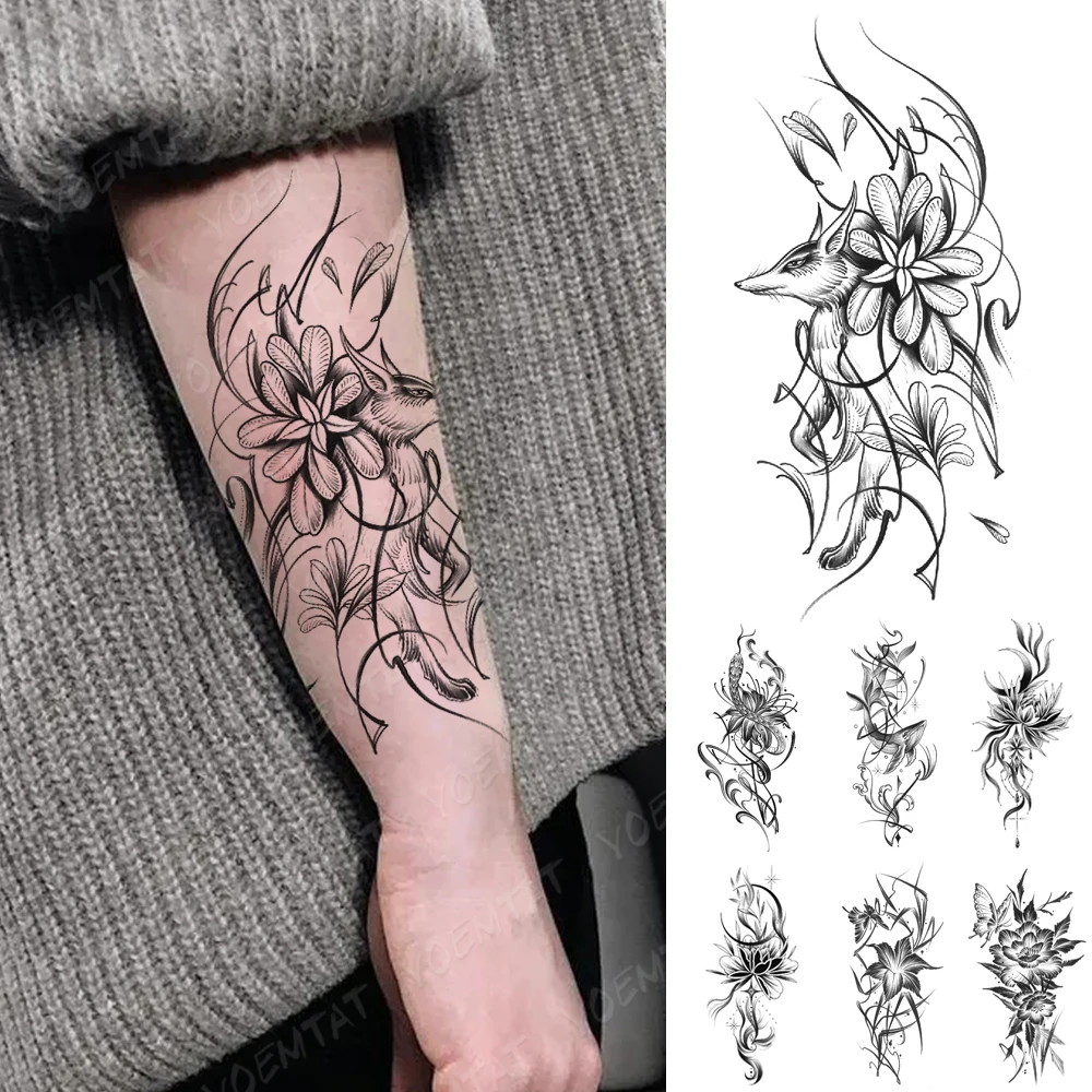 

Waterproof Temporary Tattoo Sticker Black Fox Snake Whale Line Lotus Peony Flower Arm Women Flash Tatoo Fake Tattoos Men Body Ar