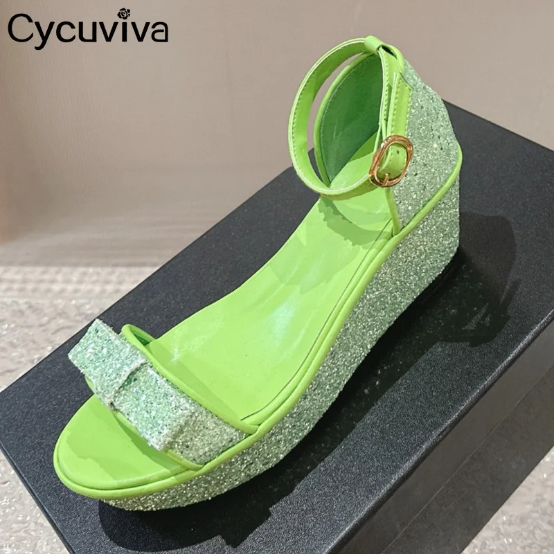 

Summer Squines Leather Platform Women Sandals Wedges Heel Bowknot Decor Party Shoes For Women Modern Sandalias Mujer Women