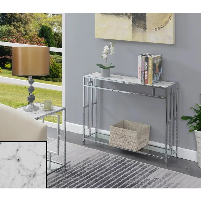 

Convenience Concepts Town Square Chrome Console Table, Faux White Marble/Chrome Frame Console Table for Hallway