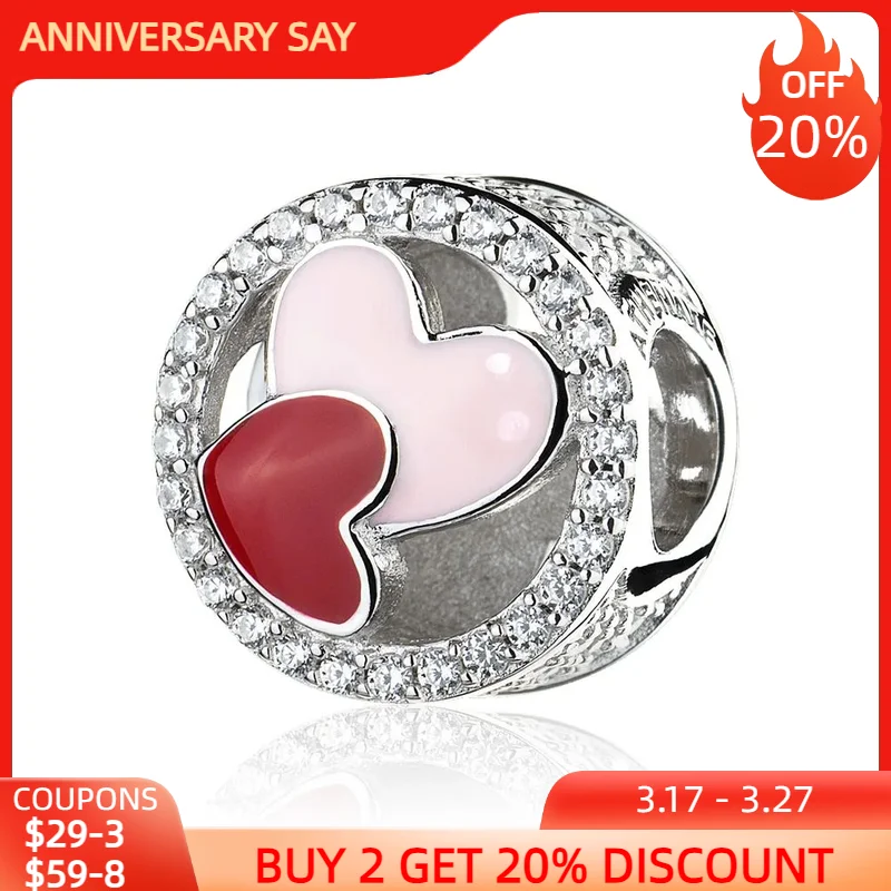 Athenaie 925 Sterling Silver Pave Con Clear Cz Red And Pink Smalto Intrecciato Love Charms Bead For Lover