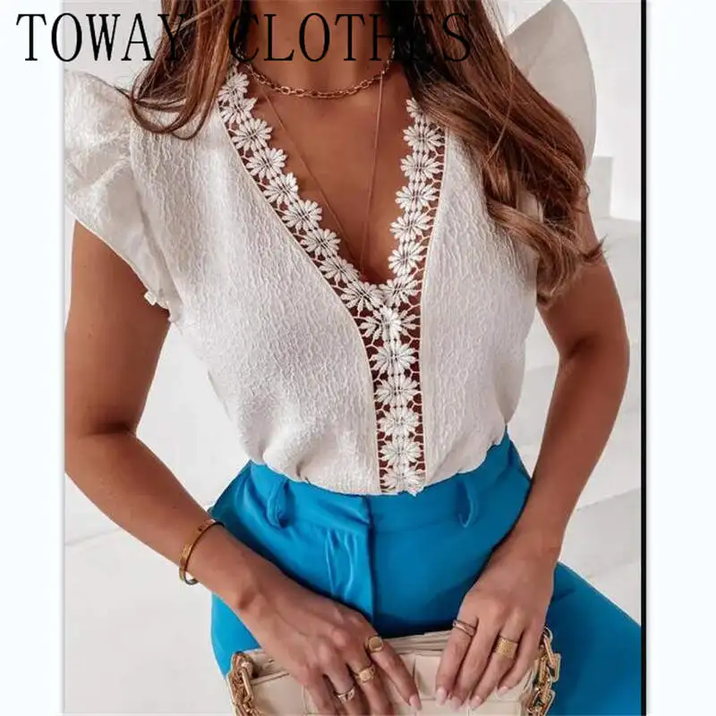 

Women Summer V Neck Solid Color Textured Contrast Lace Flutter Sleeve Top