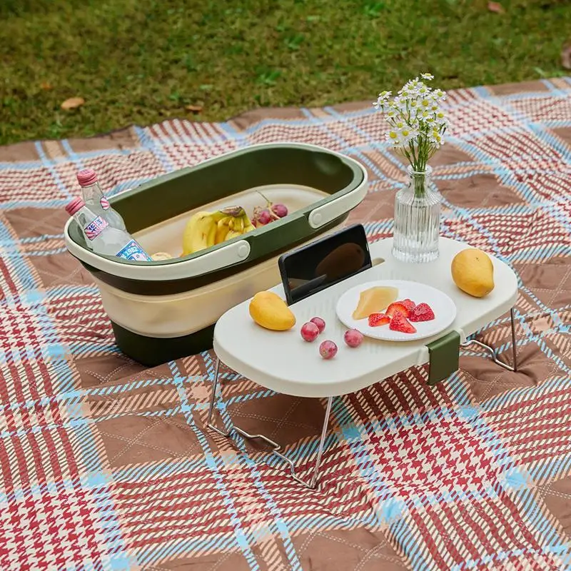 Foldable Storage Basket With Lid Table For Picnic Fruit Camping Equipment Outdoor Accessories Supplies Kitchen Organizer Box