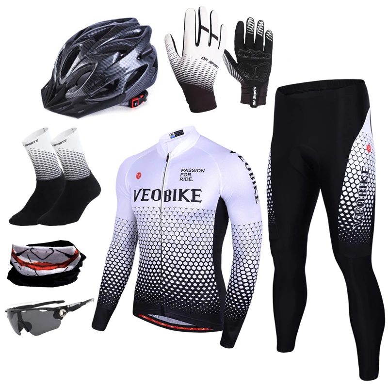 Conjunto de maillot ciclismo para hombre, ropa de equipo profesional para bicicleta de montaña, de manga larga, transpirable, para otoño y primavera, ropa deportiva para exteriores, color blanco|Conjuntos de ciclismo| -