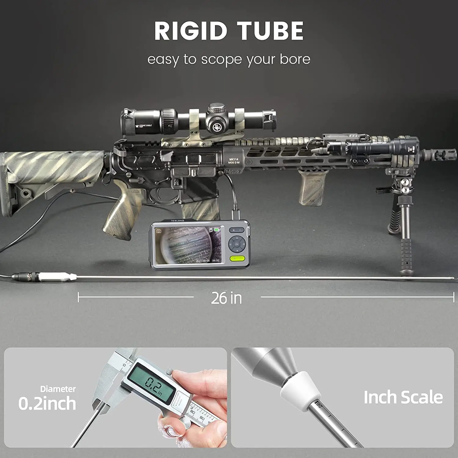 Teslong Rigid Borescopes with 5" Monitor, 26'' Rod Video Inspection Camera Hunting Bore Cam Cleaning-Fits .20 Caliber & Larger 6