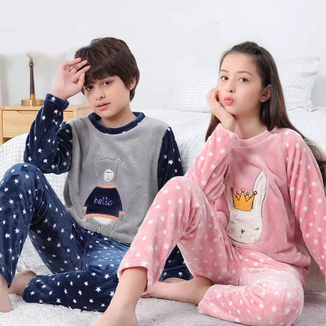 Kids Winter Soft Flannel Pajamas Clothing Sets Boys Girls Cartoon Thicken  Warm V-neck Tops with Pants Pyjamas Sleepwear 2-12Y - AliExpress