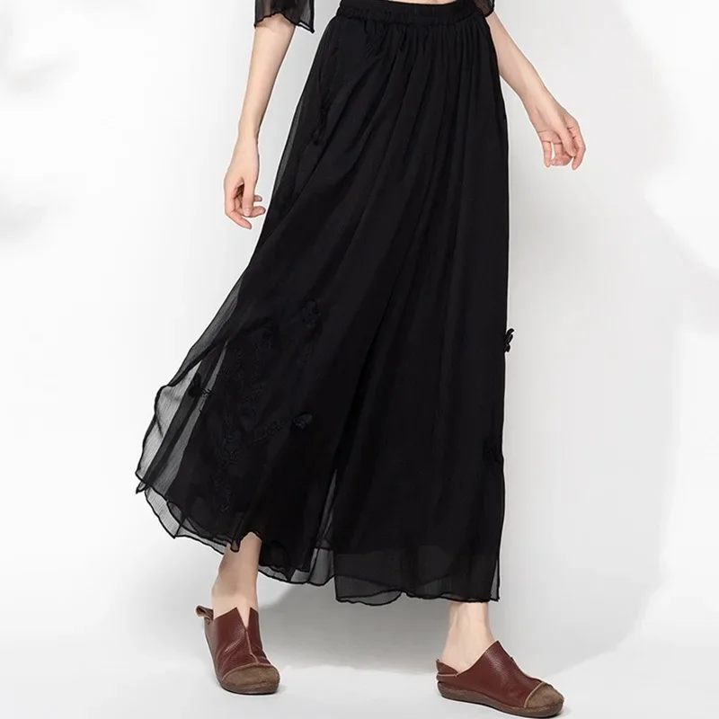 

Solid Women Wide Leg Pants 2023 Capris Spring Summer High Waist Embroidery Pants Plain Plus Size Chinese Style Trousers 12526