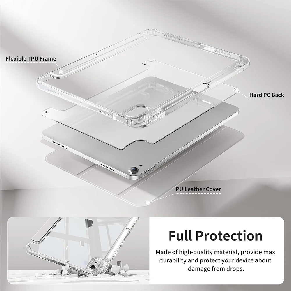Sleek Transparent Acrylic Back Cover Trifold Stand Tablet Case with Pen Slot