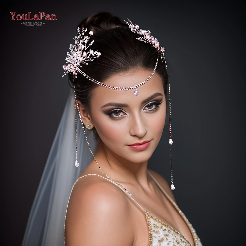 TOPQUEEN Bridal Hair Clips Tassels Bride Headpiece Wedding Women Hair Accessories Girls Metal Hair Chain Crystal Headwear HP679