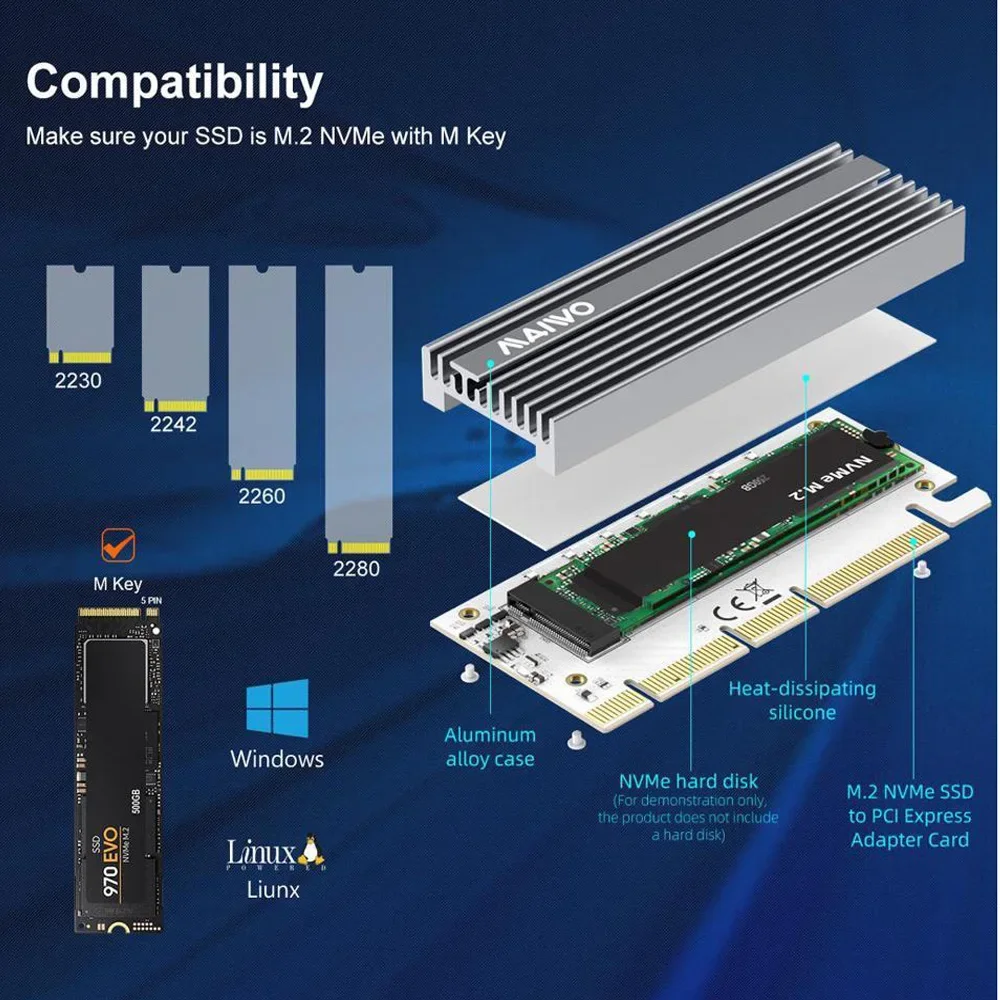 MAIWO M.2 NVME SSD Adapter Expansion Card NVMe To PCIe X4 X8 X16 Converter Card Solid State Drive Expansion for M2 NVME SSD ssd adapter card m.2 to pcie adapter m.2 expansion card pcie adapter card pcie expansion card