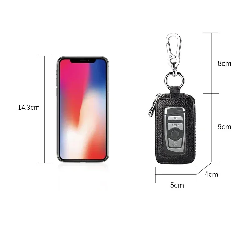 Double-layer Zipper Car Key Case Lychee Pattern Top Layer Cowhide Genuine Leather Chain Large Capacity Unisex