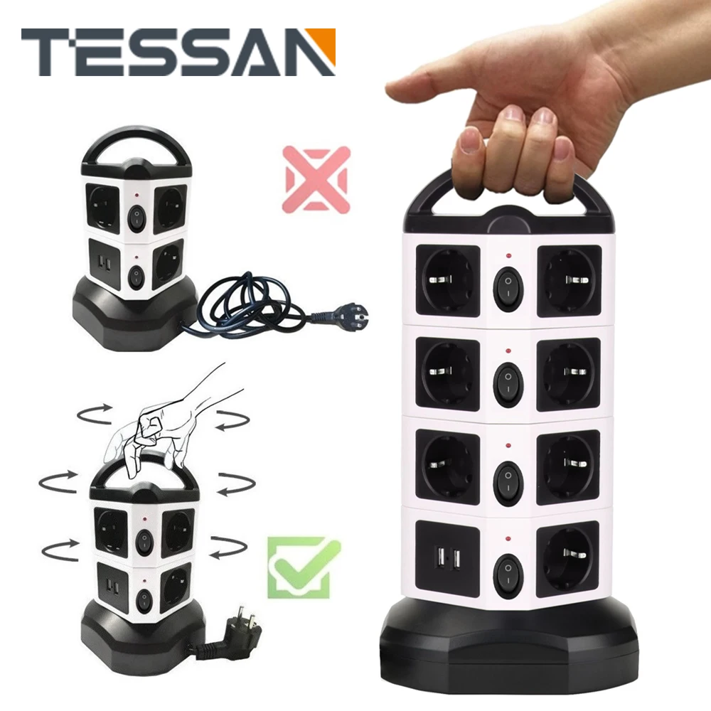 TESSAN Regleta enchufes torre vertical 8 Shukos + 3 USB