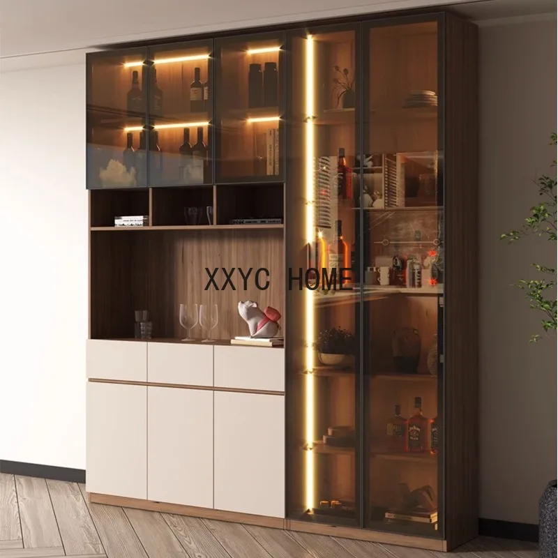 

Wine cabinet, small unit living room, wall facing, solid wood and glass cabinet door, integrated storage, light luxury storage