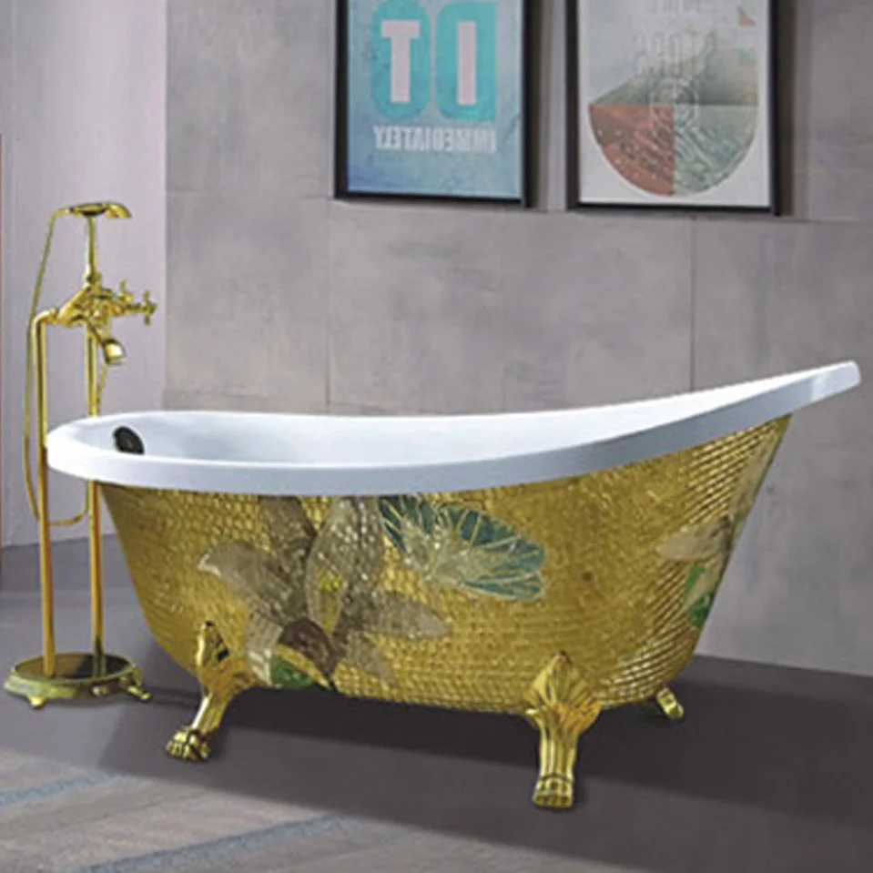 

Отдельно стоящая Ванна с ножками Классическая clawfoot Дешевая Портативная Ванна белого цвета с мозаикой золотого цвета