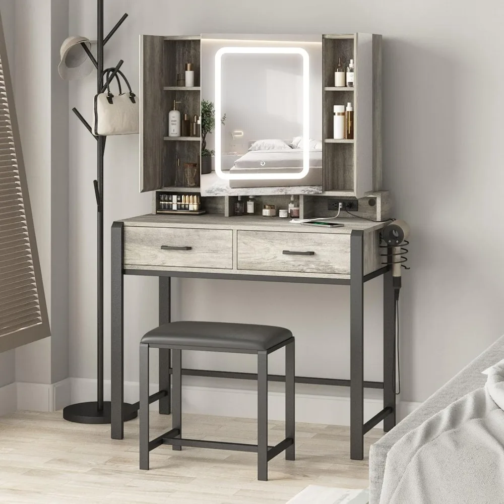 

Vanity Desk with Lighted Mirror and Power Strip,Tri-Fold Mirror Makeup VanityTable with Lights,2 Vanity Set with Hidden Storage