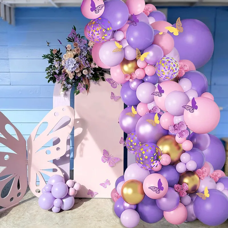 나비 핑크 보라색 풍선 화환 아치 키트 생일 파티 장식 어린이 베이비 샤워 라텍스 Ballon 체인 웨딩 파티 용품