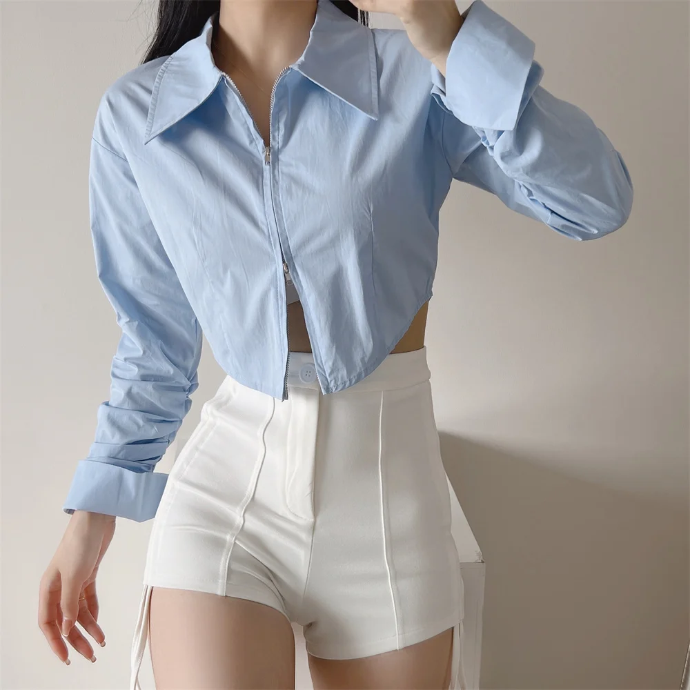 

Summer new street style double zipper solid color long-sleeved shirt women's casual all-match thin pleated sleeve shirt women