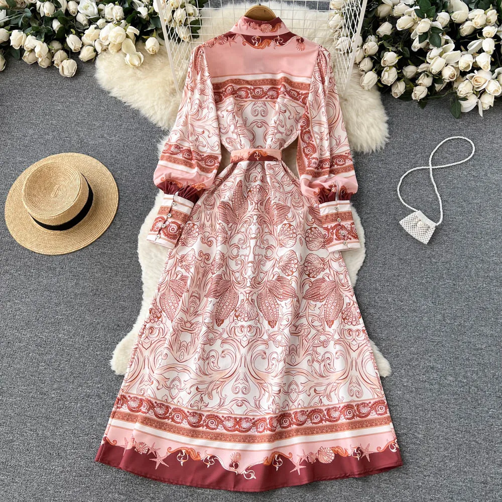 Autumn Runway Maxi Dress Womens Lantern Sleeve Stand Gorgeous Flower Print Long Dress Female Buttons up Sashes Holidays Dress