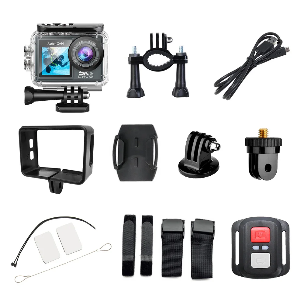 5K 30FPS Action Camera 4K 60FPS Dual Screen 170° Wide Angle 30m Waterproof Sport Camera with Remote Control Bicycle Diving Cam 5