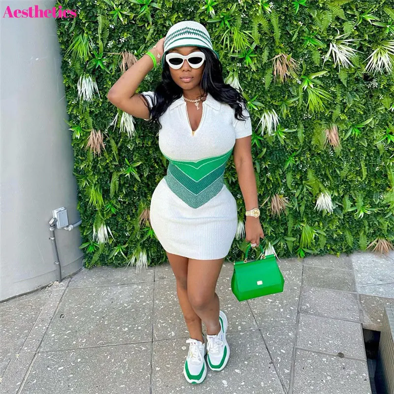 

Knitted Color Patchwork Bodycon Mini Dress Zipper V Neck Short Sleeve Slim Fashion Casual Vestidos 2023 Summer Streetwear