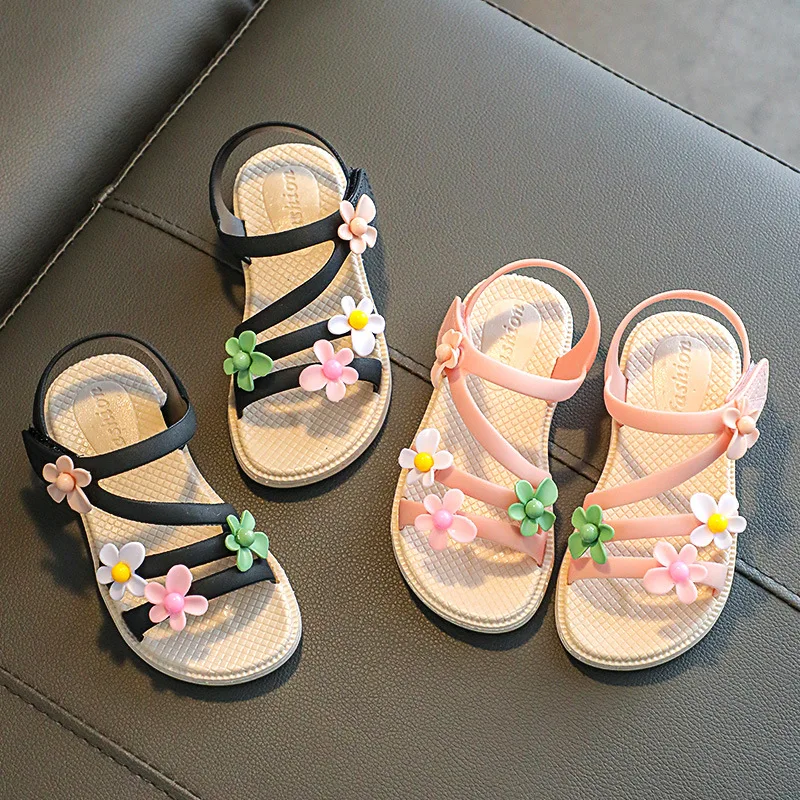 

New Children Sandals for Girls Sweet Princess Versatile Flowers Beautiful Summer Open-toe Versatile 2022 Flat Casual Beach Shoes