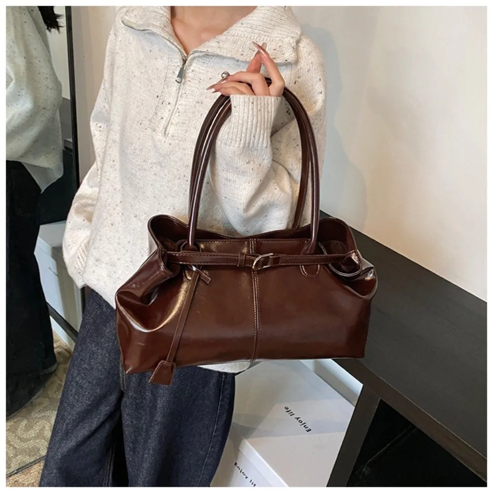 Fashion Oil PU Leather Handbag Large Capacity Casual Shoulder Bag Multifunctional Underarm Bag Work Shopping Travel