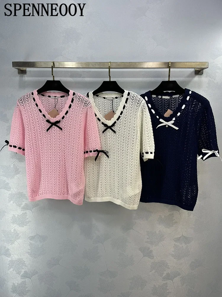 

Fashion Runway Summer Pink Knitting Casual Pullovers Women's O-Neck Beading Butterfly-knot Short Sleeve Hollow Out Top