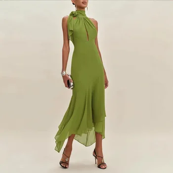 Temperament Halter Neck Long Dresses Women Green Backless Leace-up Irregular Package Hip Party Dress Elegant Banquet Vestidos 1