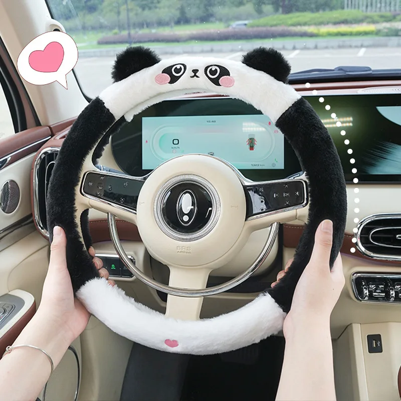 Panda Winter Cartoon Steering Wheel Set Interior Decoration Plush Embroidered Anti Slip Handlebar Gloves Cute Car Accessories