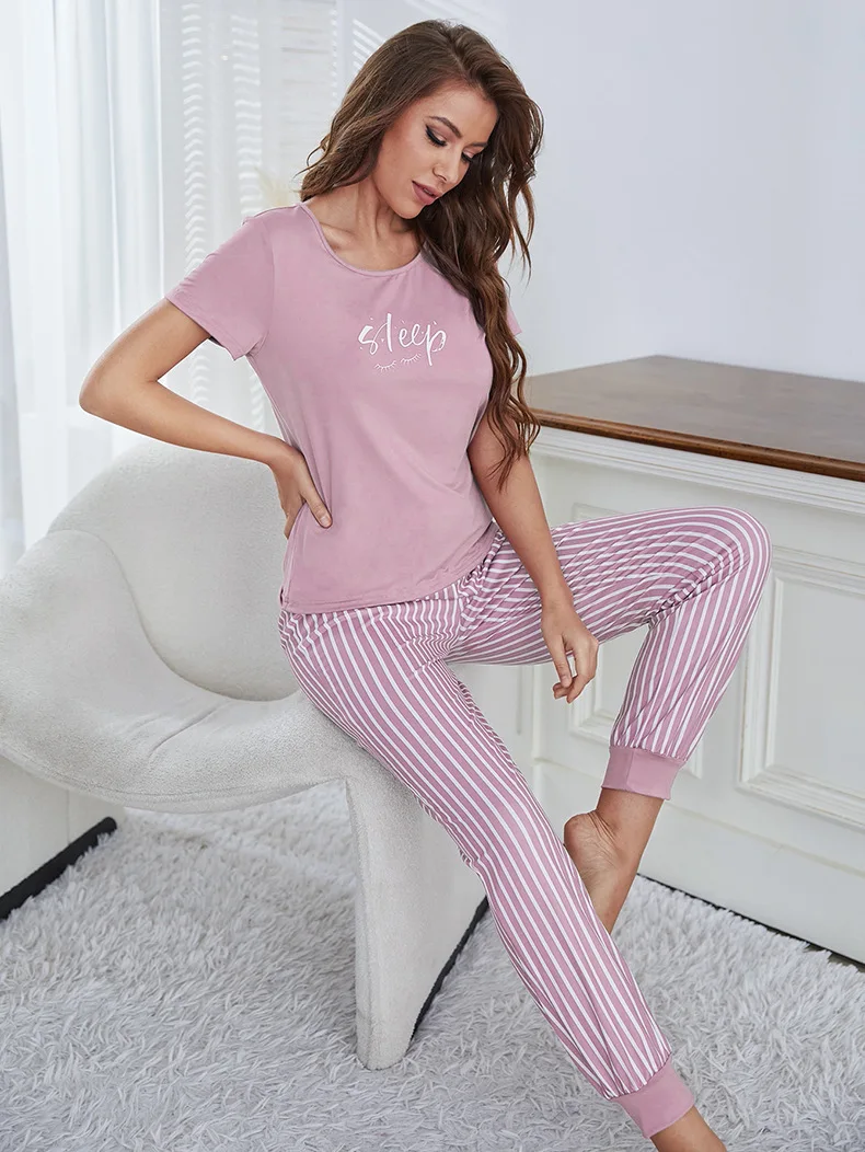 2Pcs Women Plus Size Pajamas Short-Sleeved White Striped Drawstring Trousers Student Homewear Suit Letter Print T-Shirt Ladies