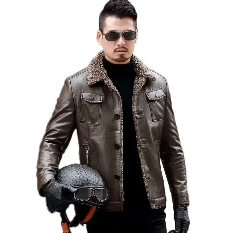 

Men's leather clothing winter slim fitting plush wool Korean version lapel PU biker jacket men leather motorcycle trend coat