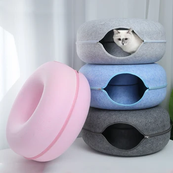 Donut Cat Bed Pet Cat Interactive Game Toy Cat Bed Dual-use Tunnel Bed with Felt Toy Gift for Small Kitten Rabbit