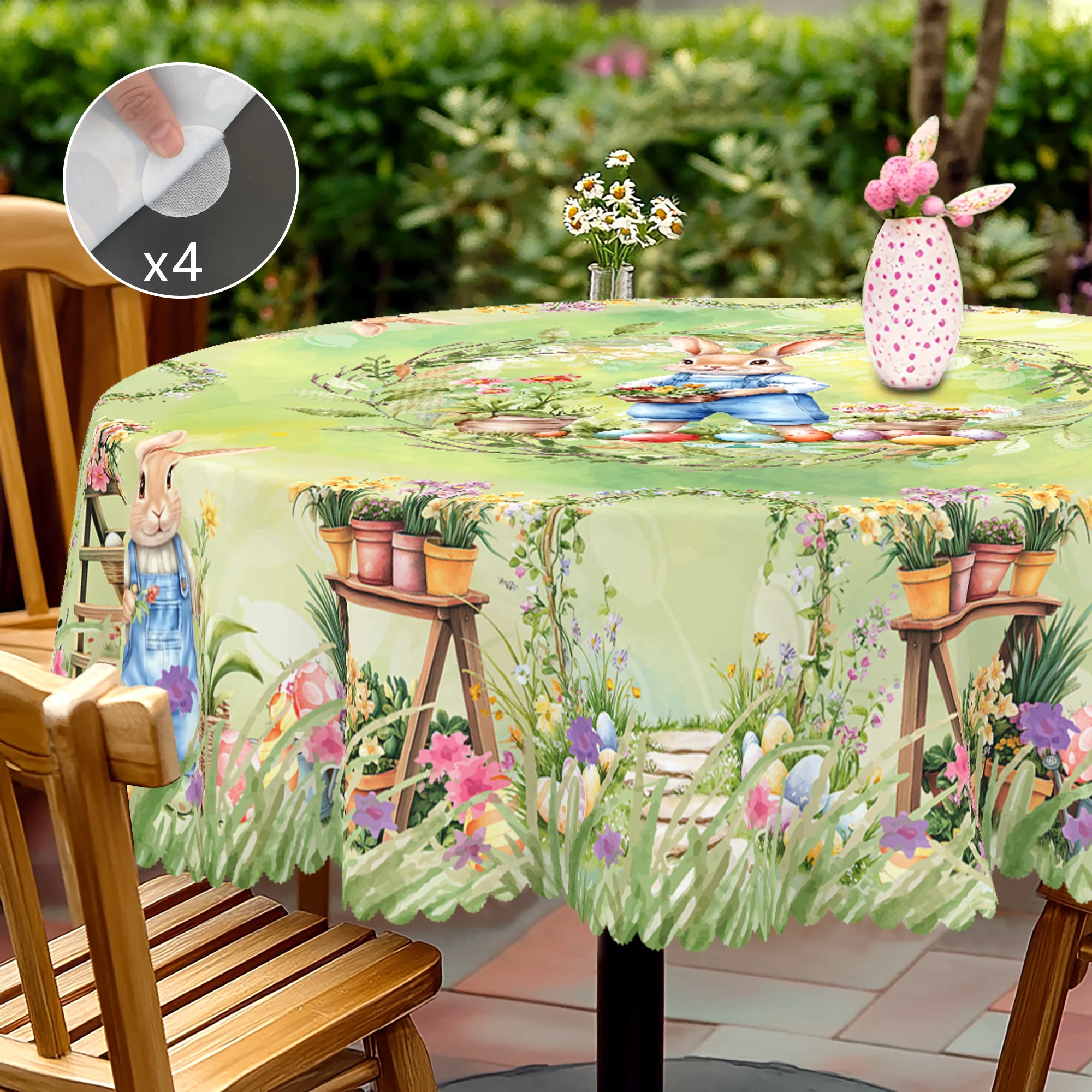 1 Easter Round Tablecloth, 5 Sizes Available, Retro Style Garden Easter Bunny Egg Print Tablecloth, Edge Embossing Process, Spring Garden Tablecloth Decoration, Tablecloth for Daily Home Kitchen, Terrace Use, Easter Decoration 3