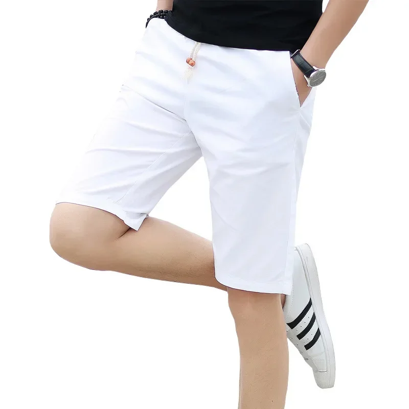 

White Straight Loose Men's Breathable Elastic Waist Shorts Summer Mens Cotton Shorts for Men Large Size Solid Color Shorts Male