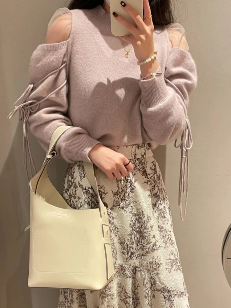 

Sweet Strap Off Shoulder Loose Sweater Women O Neck Puff Sleeve Solid Elegant Vintage Knitted Tops Japanese Fall Winter Jumper