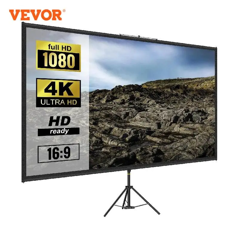 VEVOR 100 Inch Tripod Projector Screen W/ Stand 16:9 4K HD Portable Home Cinema for Indoor & Outdoor Projection