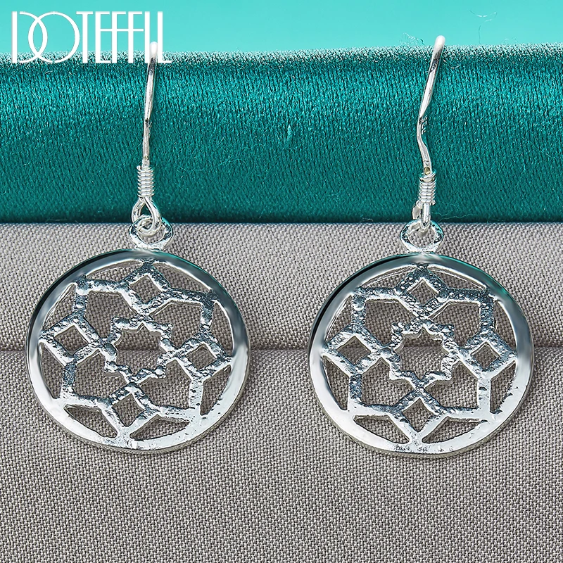 DOTEFFIL 2pcs 925 Sterling Silver Round Flower Pendant Necklace Earring Set for Woman Man