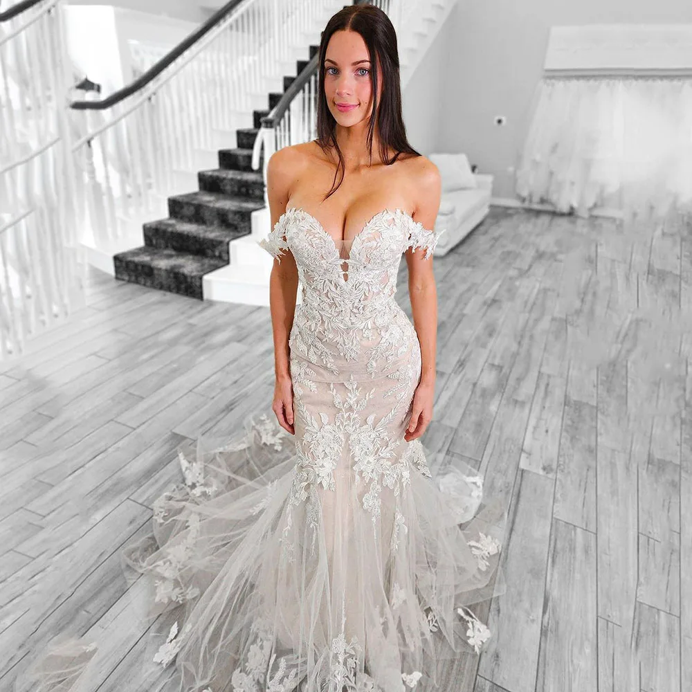 

Msikoods Mermaid Wedding Dresses For Women Off The Shoulder Lace Sweetheart Neck Bride Dress Appliqued Lace Wedding Gowns