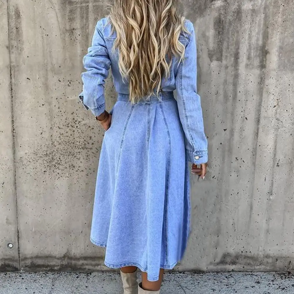 

Fashion Broken Holes Denim Dresses Women High Waist Belt Splice Dress Lapel Single-breasted Cardigan Gown New Casual Streetwear