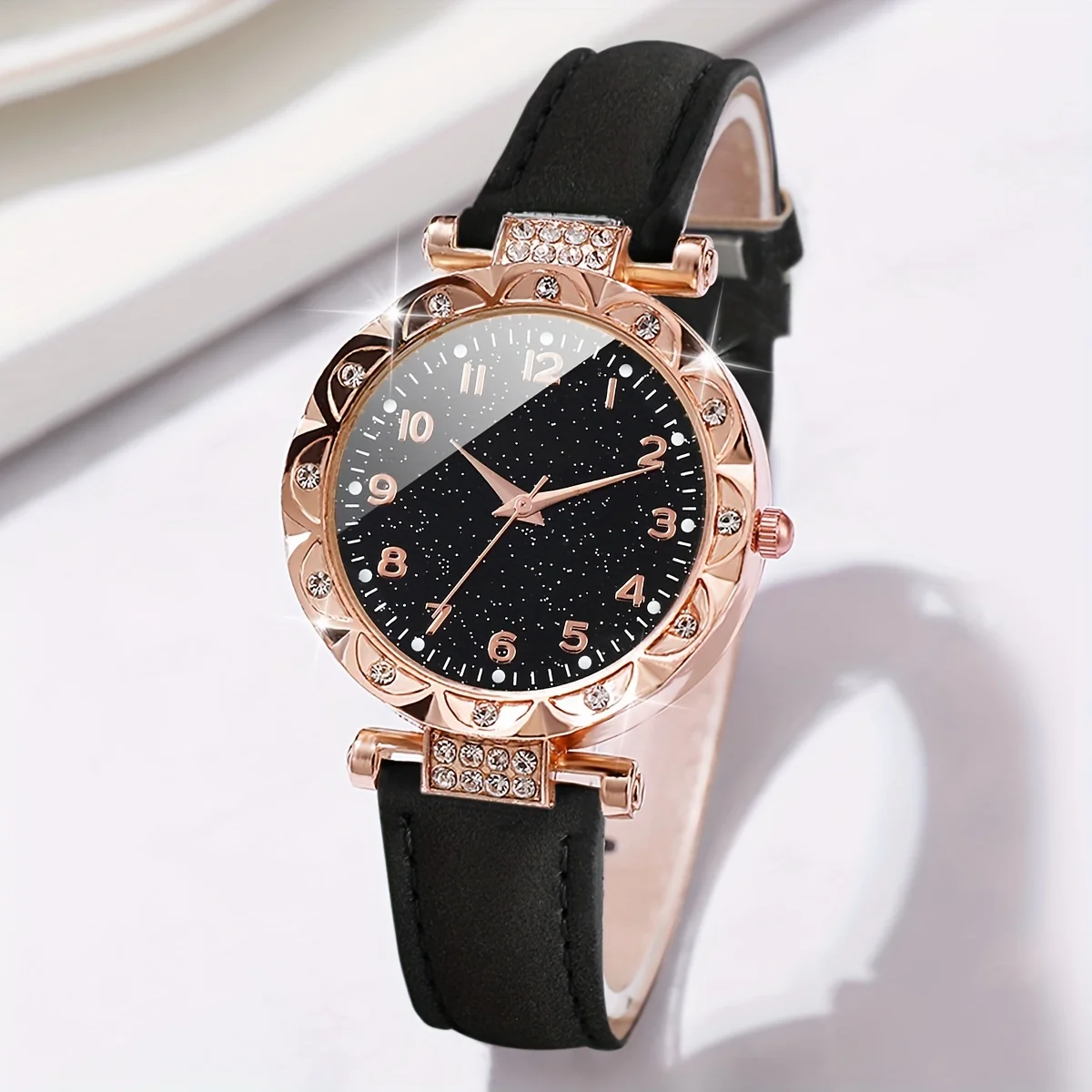 IJAHWRS Orologio Da Donna Al Quarzo Con Strass - Cinturino Pelle, Quadrante Analogico Nero/Bianco - 4