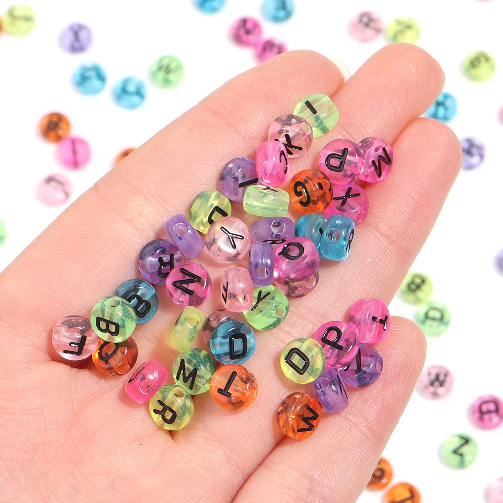 다채로운 색상의 투명 혼합 아크릴 레터 비즈, 둥근 평면 블랙 알파벳 루즈 비즈, 의류 장식 및 DIY 액세서리 제작용